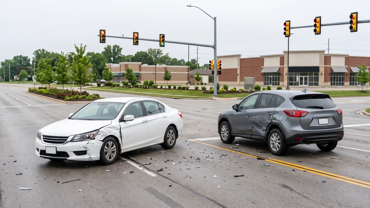 A white sedan with front-end damage and a gray SUV with a dented side stopped at a signalized suburban intersection after a collision
